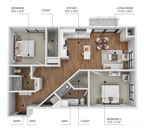 Floor plan for 2 beds, 2 baths, 971 sqft